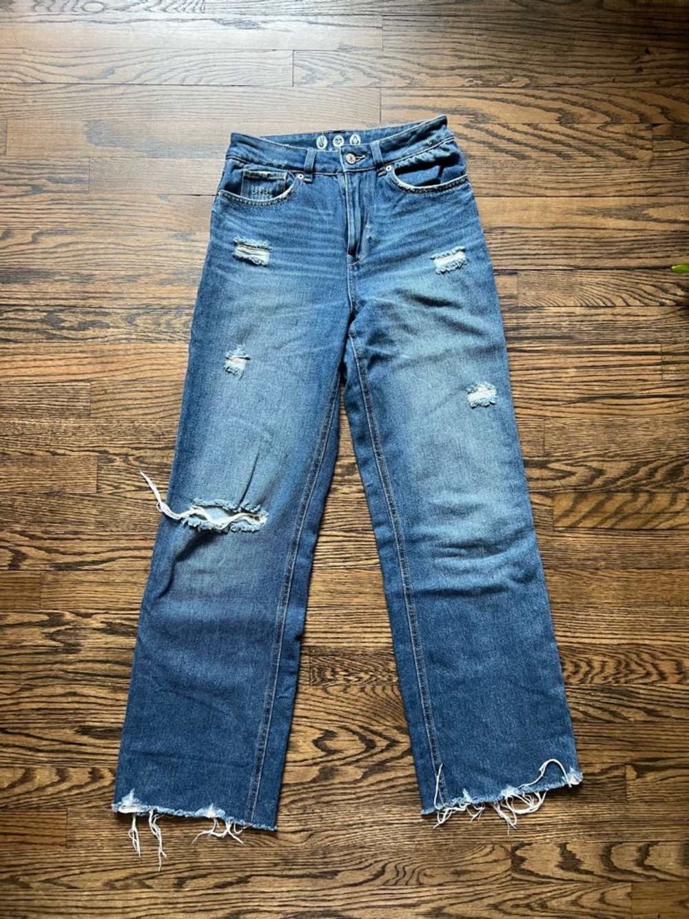 Rewash Distressed Wide-Leg Jeans in Blue Wash